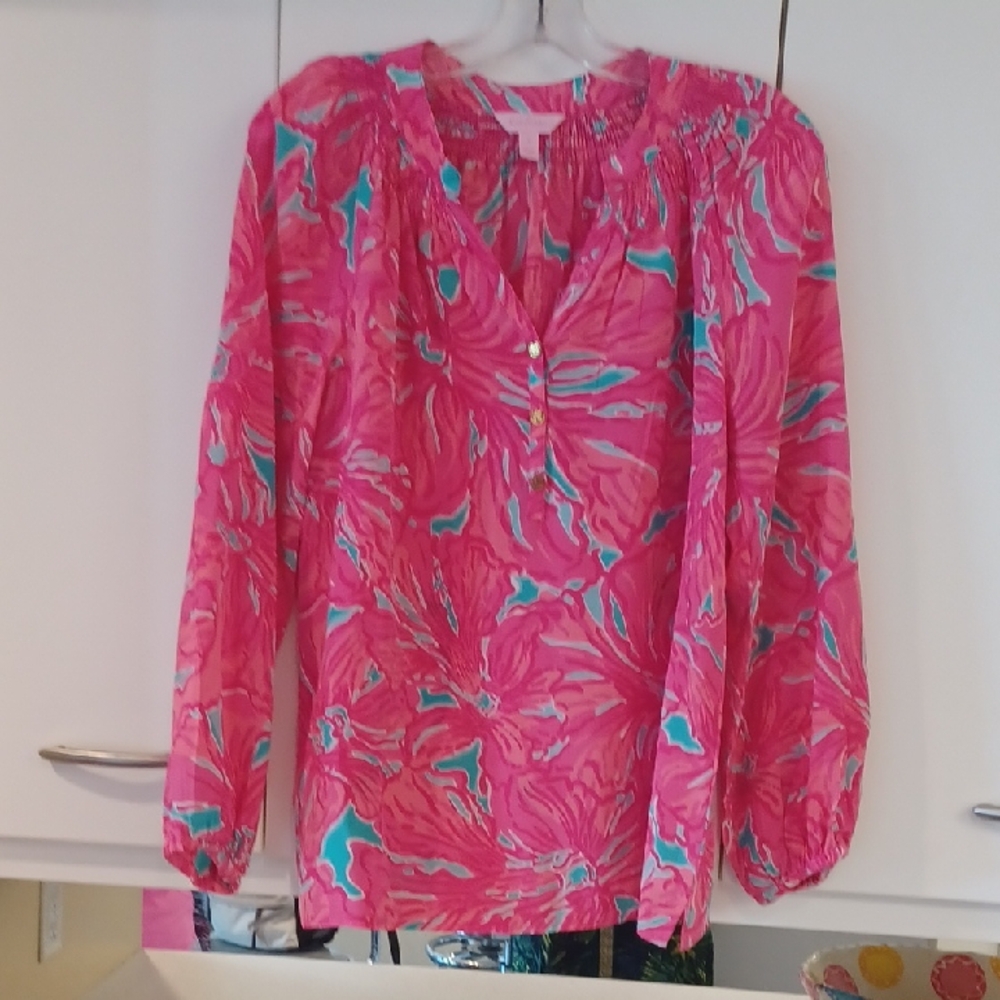 Women's Pink and Blue Patterned Top Lilly Pulizer